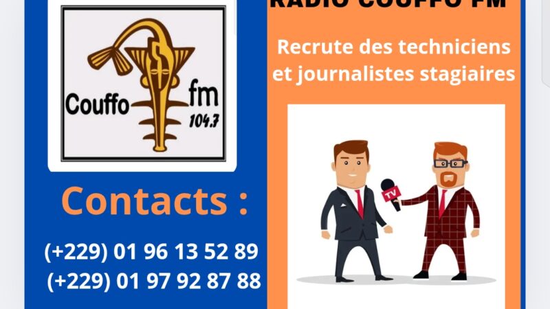 Couffo Recrutement : La Radio Couffo Fm d&rsquo;Adjahonmey recrute des stagiaires ou des passionnés du Journalisme