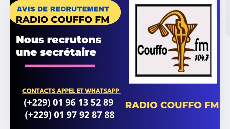 Couffo offre d’emploi : la Radio Couffo Fm d&rsquo;Adjahonmey recrute une secrétaire commerciale