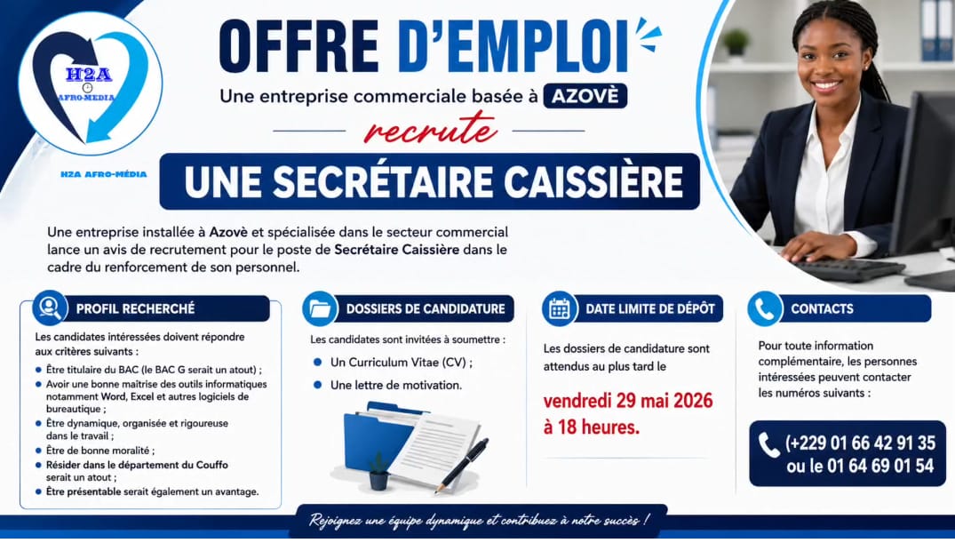 Une entreprise commerciale basée à Azovè recrute une Secrétaire Caissière
